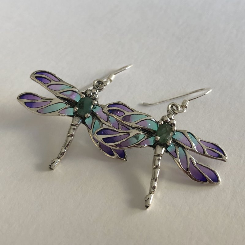 Vitrāžu spāres auskari ar smaragdu Libelula Azul