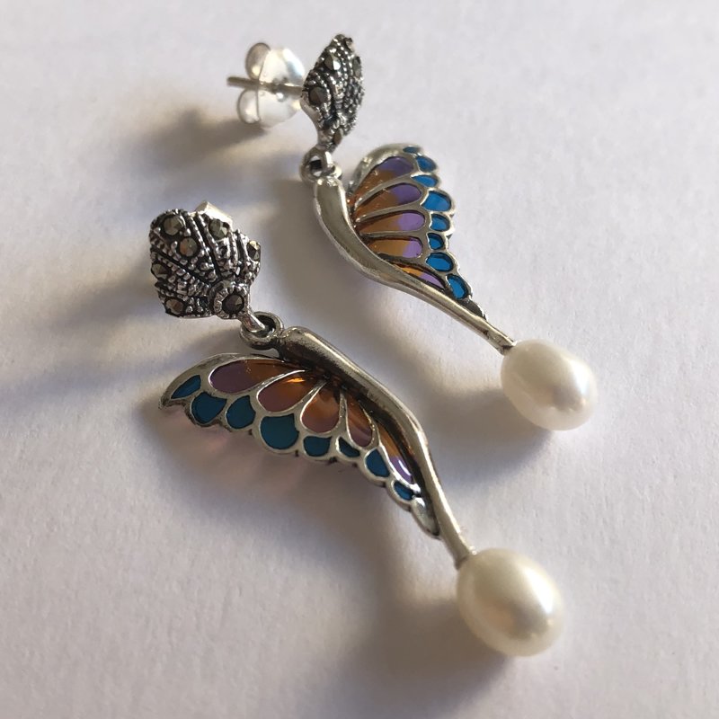Stained Glass Butterfly Earrings Alas de Mariposa Naranja Azul