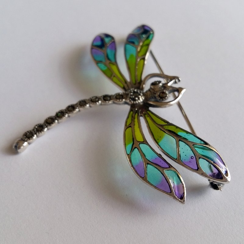 Stained Glass Dragonfly Brooch Libelula Verde Azul