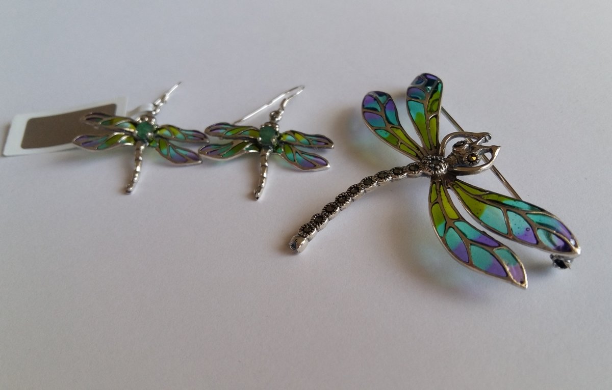 Stained Glass Dragonfly Brooch Libelula Verde Azul