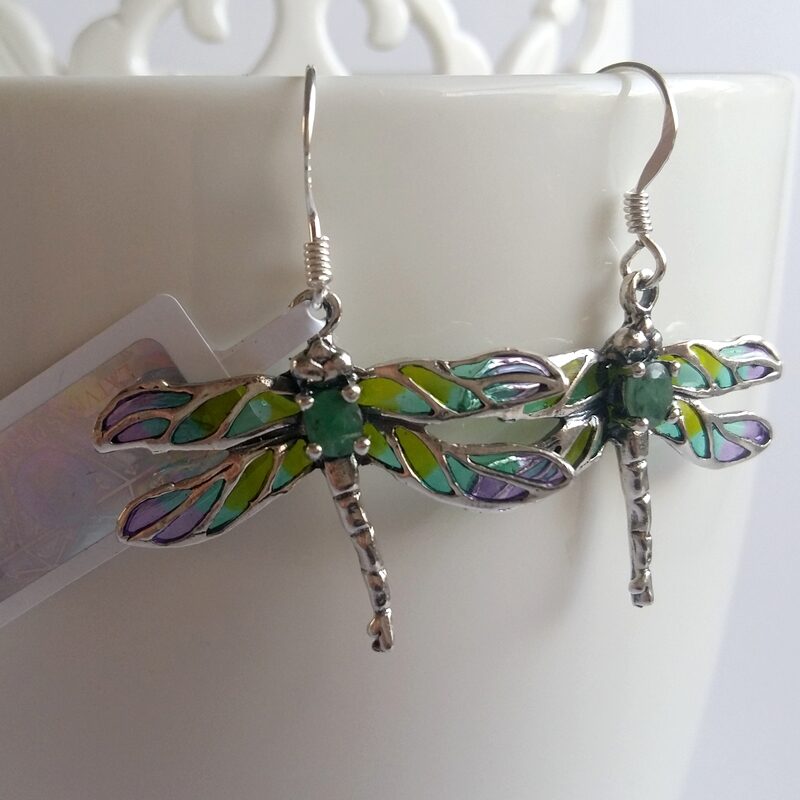 Stained Glass Dragonfly Earrings Libelula Verde Azul, with Emerald