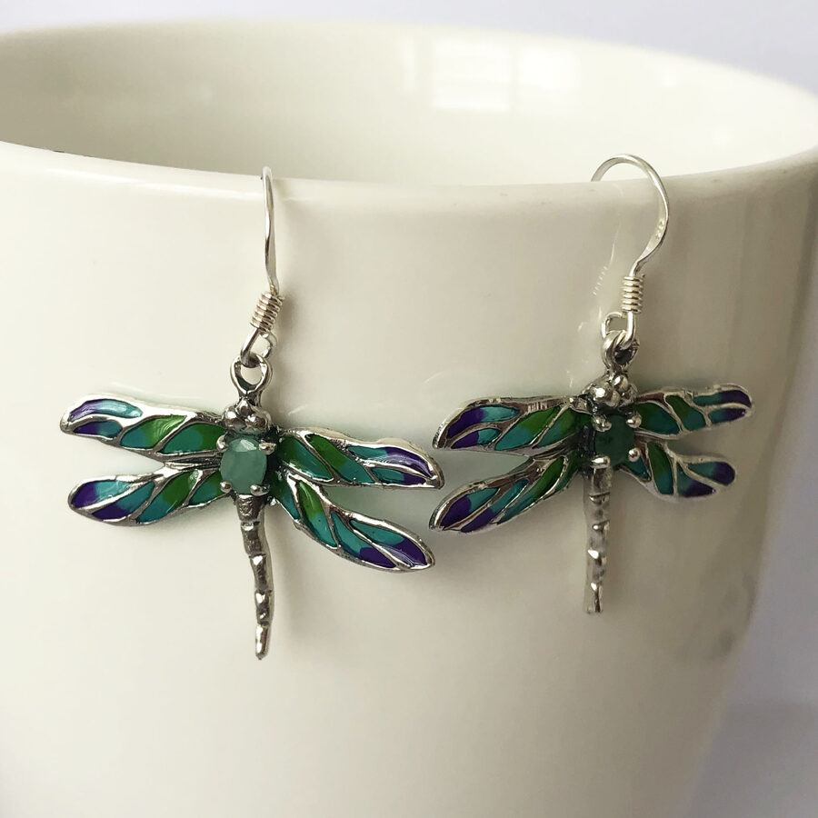 Silver Dragonfly Earrings Libelula Esmeralda