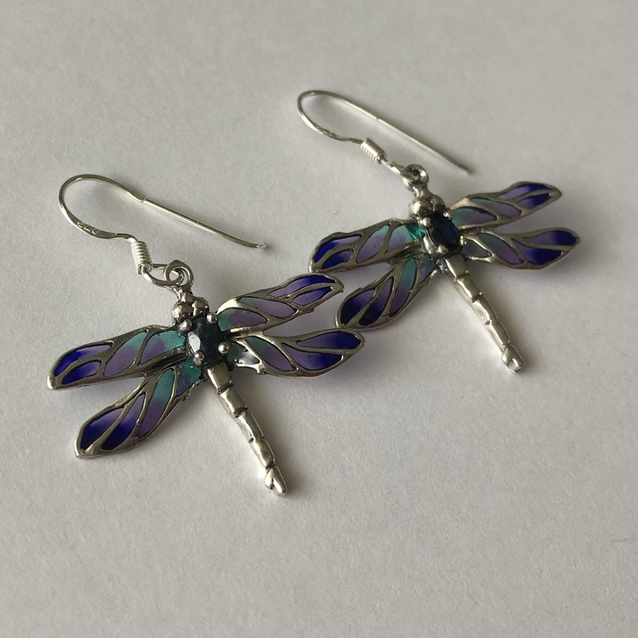 Stained Glass Dragonfly Earrings Libelula Safiro, with Sapphire
