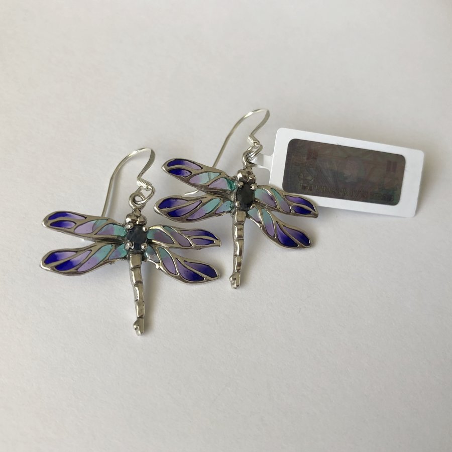Stained Glass Dragonfly Earrings Libelula Safiro, with Sapphire