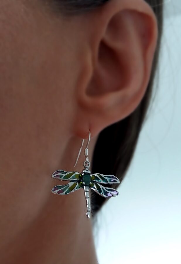 Vitrāžu spāres auskari ar smaragdu Libelula Esmeralda