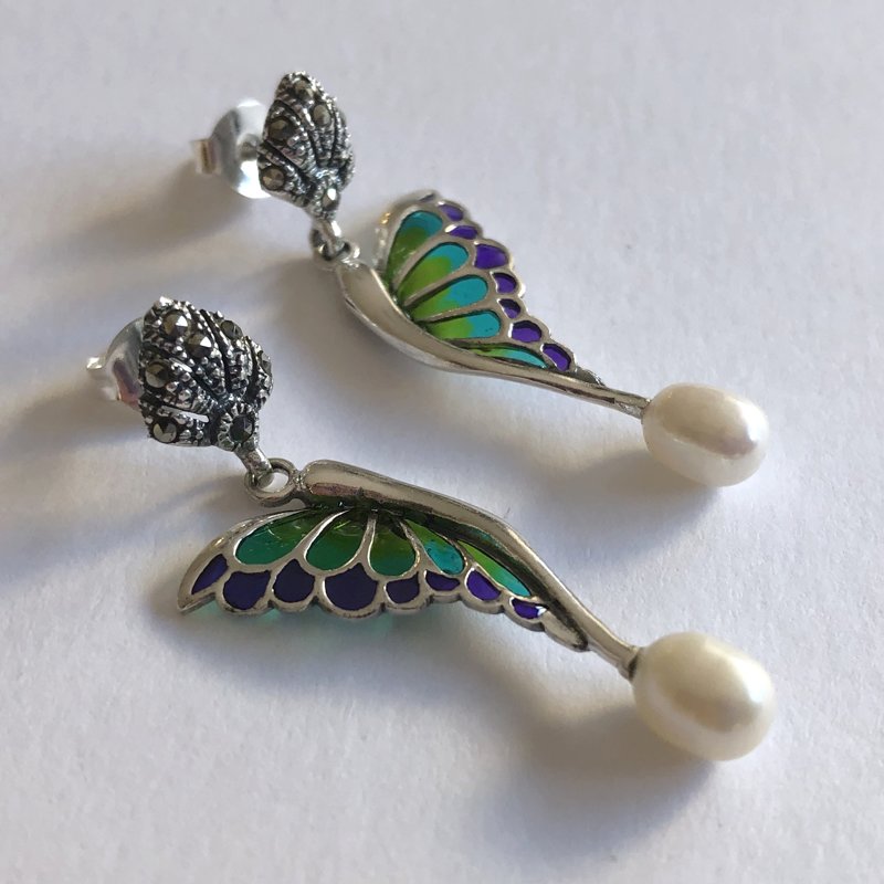 Stained Glass Butterfly Earrings Alas Mariposa Verde Lila