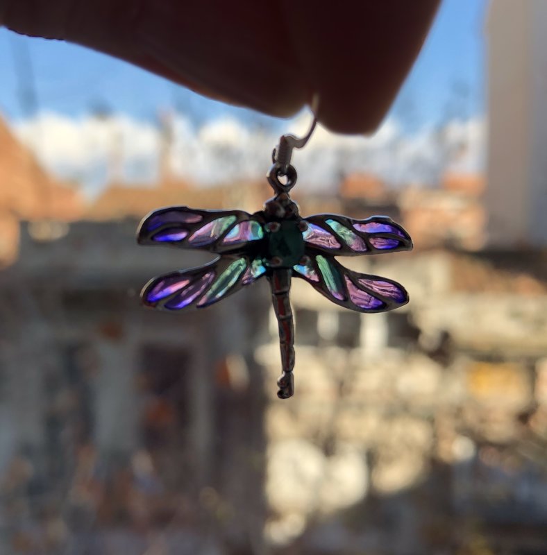 Stained Glass Dragonfly Earrings Libelula Azul, with Emerald