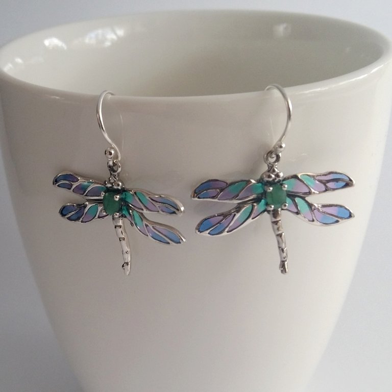Stained Glass Dragonfly Earrings Libelula Azul, with Emerald