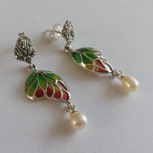 Stained Glass Earrings Mariposa con Perla Verde